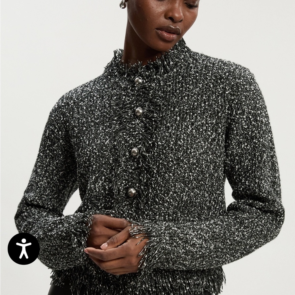 Karen Millen Black & White knitted Cardigan Tweedy Yarn Fringe Detail ✨